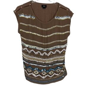 Anthropologie Deletta Womens Size XS Top Sequin Stripe‎ Brown Short Sleeve Flaw